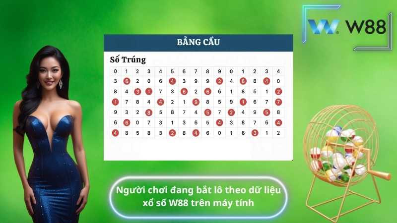 Người chơi đang bắt lô theo dữ liệu xổ số W88 trên máy tính